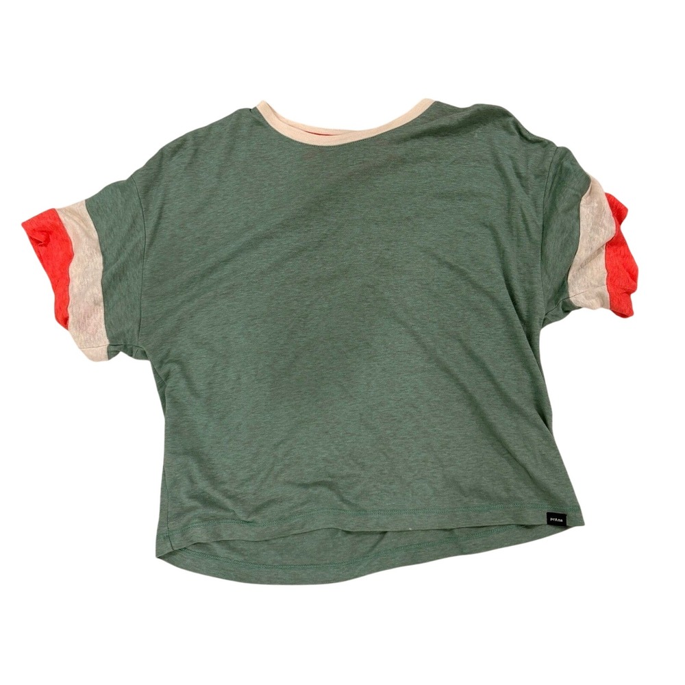 Prana Womens XS Relaxed Fit  Tee Green Coral Colorblock Striped Short Sleeve
